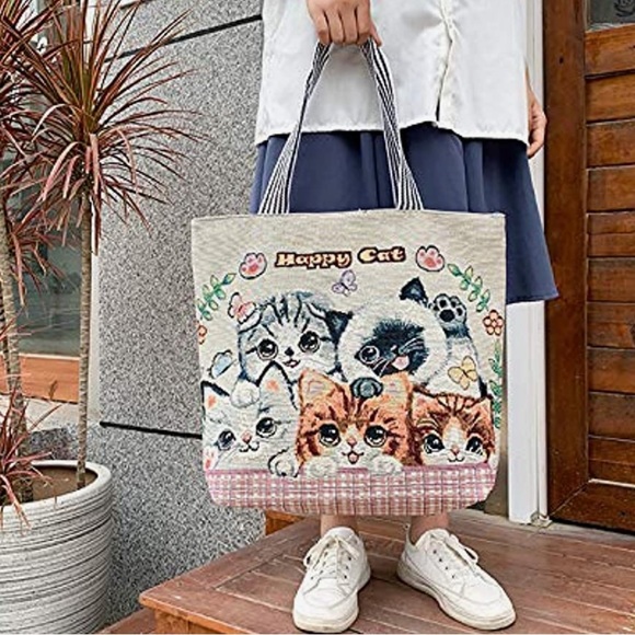 NEW “Happy Cat” Large Canvas Zip Tote Shopper Bag Cute Kittens Vintage Style - Picture 5 of 12